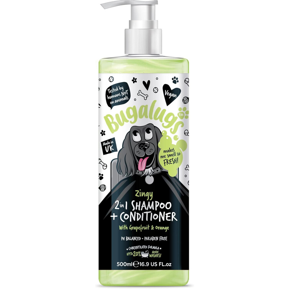BUGALUGS Dog Shampoo & Conditioner Zingy 2 in 1 Grapefruit & Orange dog grooming shampoo products for smelly dogs with fragrance, best puppy shampoo