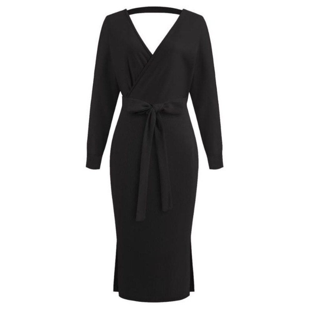 (black, M) Autumn And Winter Women&apos;s Knitted Dress Sexy Wrap Hip Warm Sweater Dress