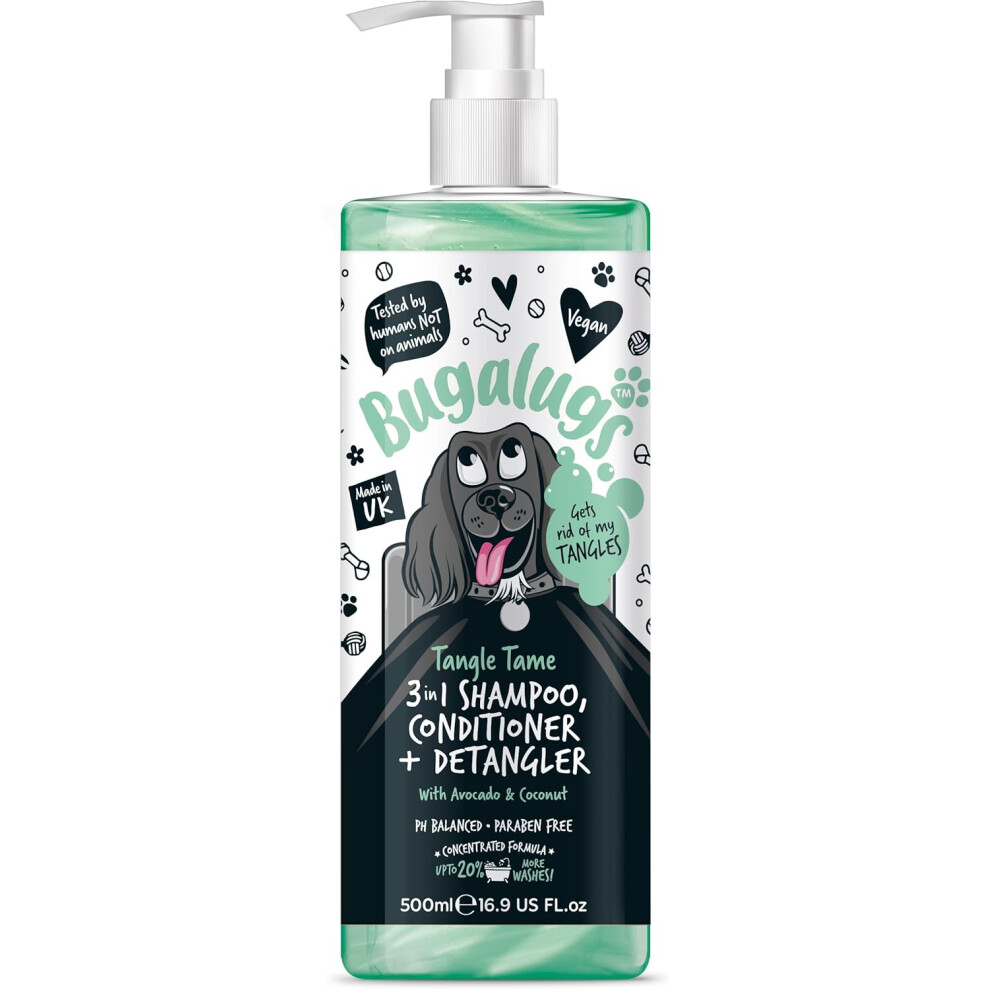 BUGALUGS Dog Shampoo Tangle Tame 3 In 1 Avocado & Coconut Dog Grooming shampoo, Conditioner & Detangler Products For Smelly Dogs With Fragrance 500ml