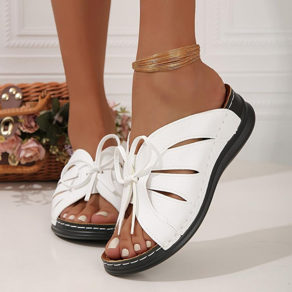(white, 39) Women&apos;s Solid Color Platform Sandals Lace Up Trendy Soft Sole Slides Versatile Summer Wedge Slides Shoes