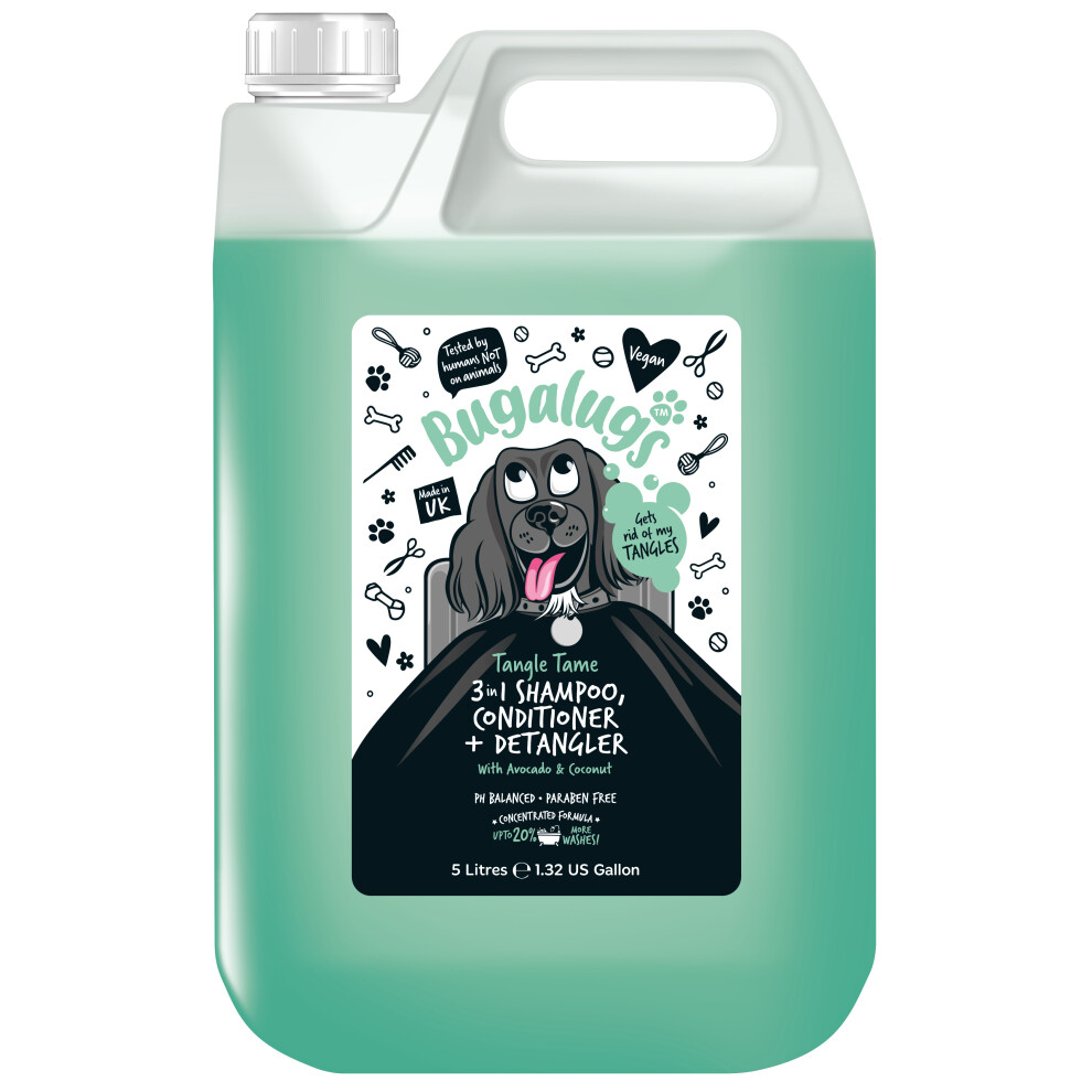 BUGALUGS Dog Shampoo Tangle Tame 3 in 1 Avocado & Coconut dog grooming shampoo 5 Litre 5L For Professional Dog Groomers