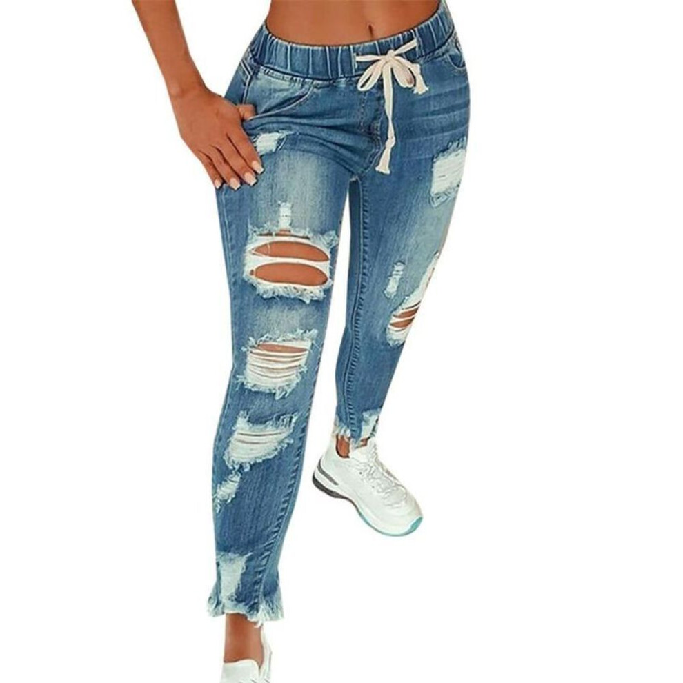 (light blue, 3XL) Ladies Elastic Waist Drawstring Jeans Ripped Slim Ladies Denim Casual Trousers