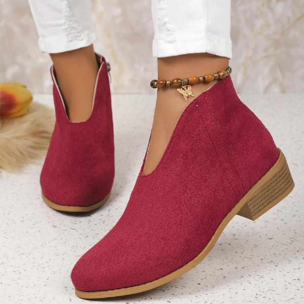 (red, 43) Leopard Root Short Boots With Side Zipper, Round Head, V-mouth Suede, Bare Boots For Women