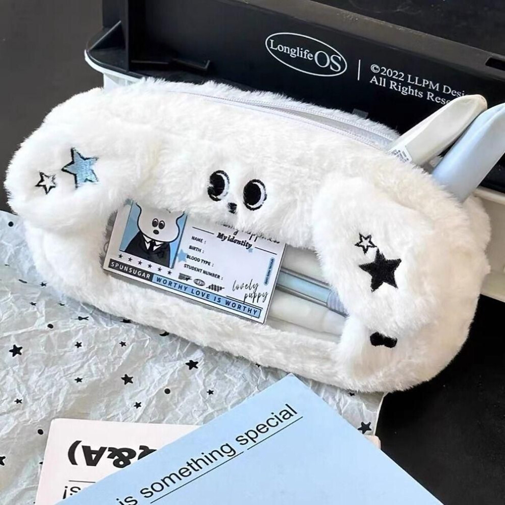 (blue) Viewable Window Pencil Case Plush Stationery Storage Pouch Cute Pen Bag  Student Gift