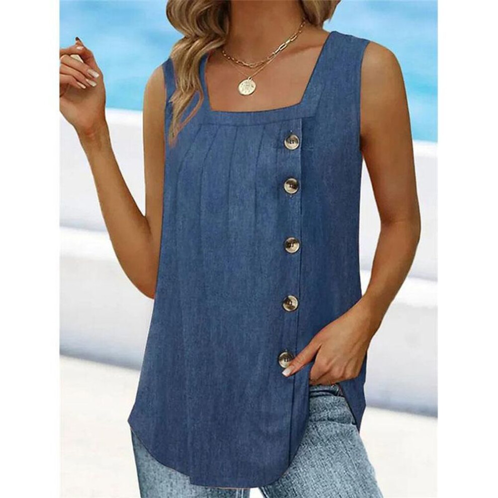(blue, 3XL) Summer New Women&apos;s Pleated Square Neck Sleeveless Swallowtail Buttontank Top For Women