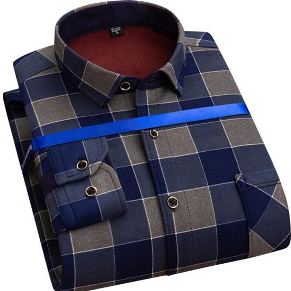 (grey, XL) Men Spring Fall Shirt Formal Business Style Thick Plush Color Matching Plaid Print Vintage Soft Single Breasted Buttons Cardigan Plus Size Mid Aged
