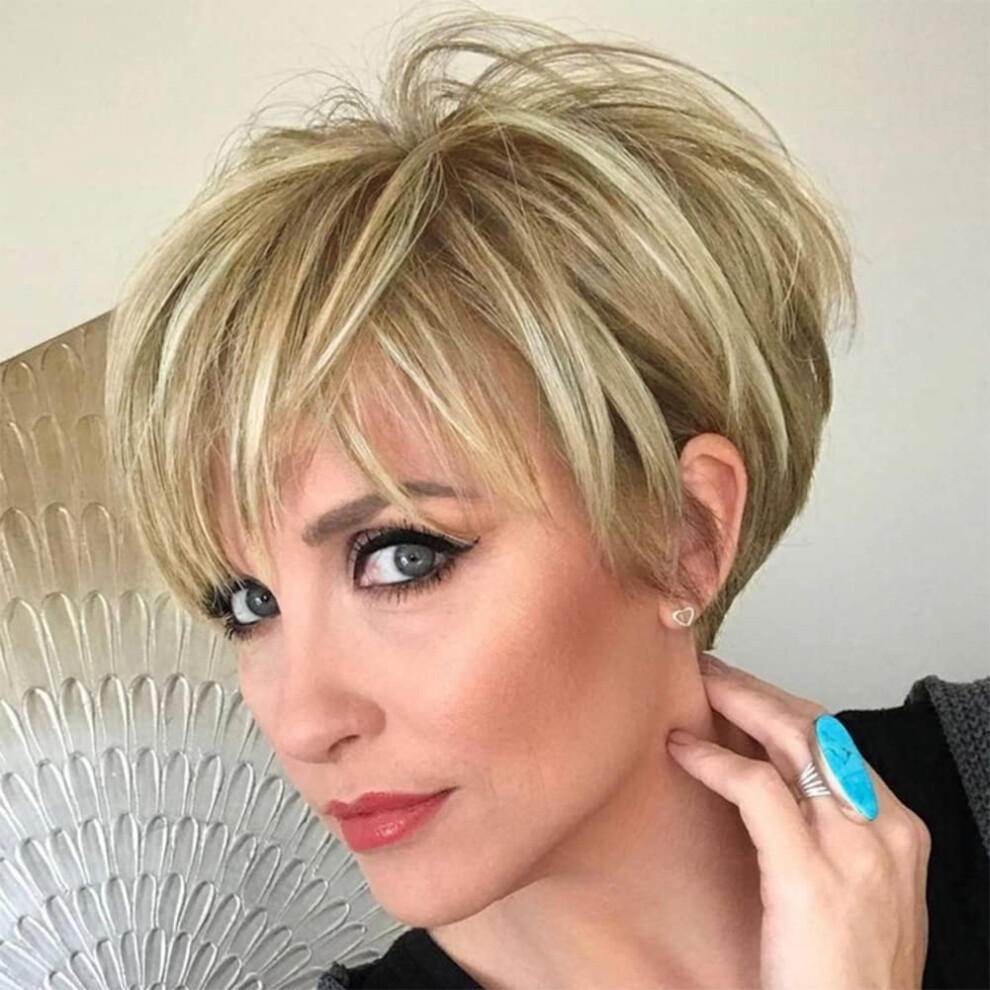 Phocas Unisex Brown Pixie Cut Wigs Short Stylish Fluffy Layer Wig None Lace Replacement Wig With Bangs For Women Mix Blonde Wig Short