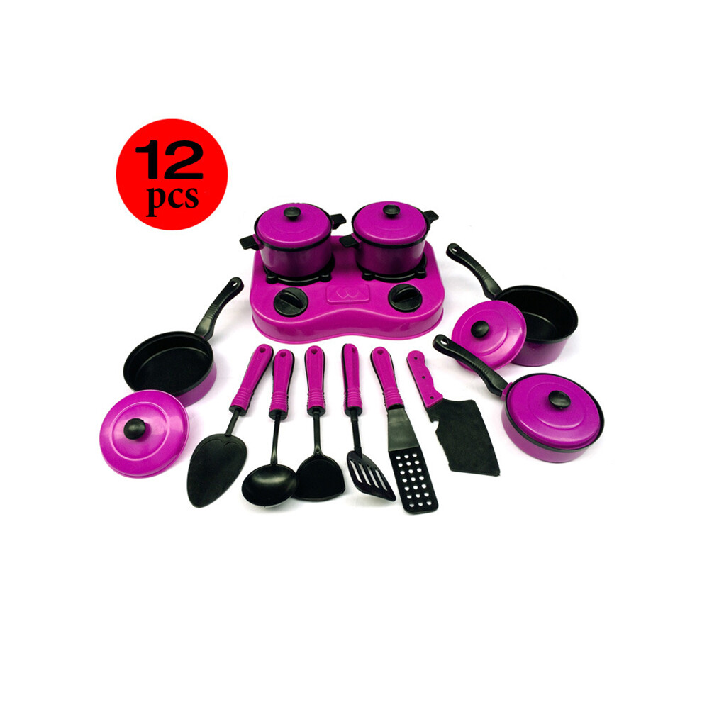 (Purple) 12Pcs Cooking Kitchen Play Set Cookware Utensils Pan Pots Kids Toy Cook Pretend Purple