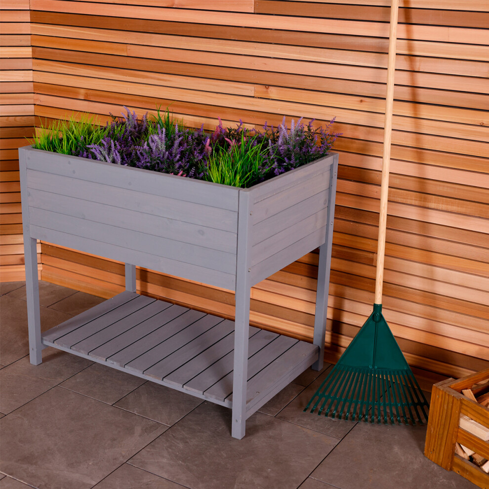 Charles Bentley FSC Wooden Planter - Grey - Raised Box with Shelf Herb Plant Box H92 x D62 x W83cm Medium Pot