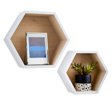 (White) Set of 2 Hexagon Wall Mounted Wooden Floating Shelves
