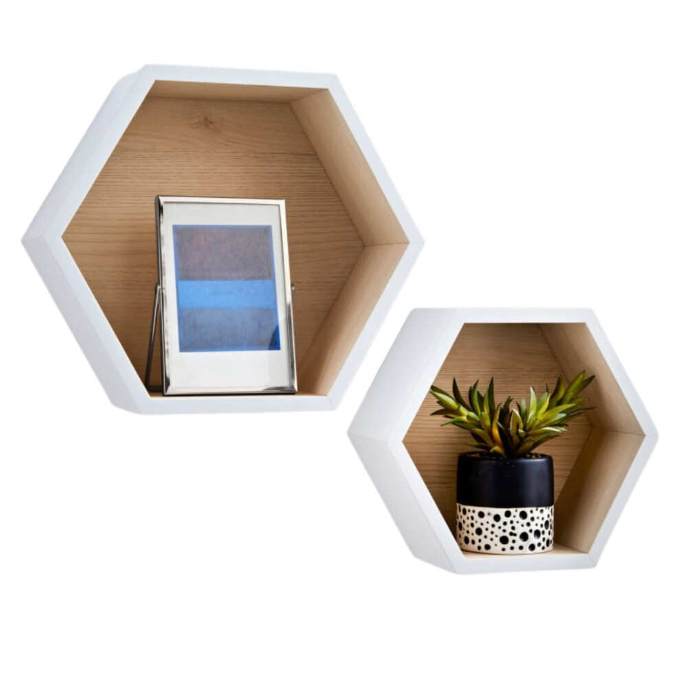 (White) Set Of 2 Hexagon Wall Mounted Wooden Floating Shelves 6013427473467