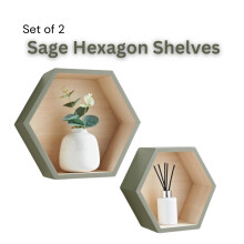 (Sage) Set of 2 Hexagon Wall Mounted Wooden Floating Shelves