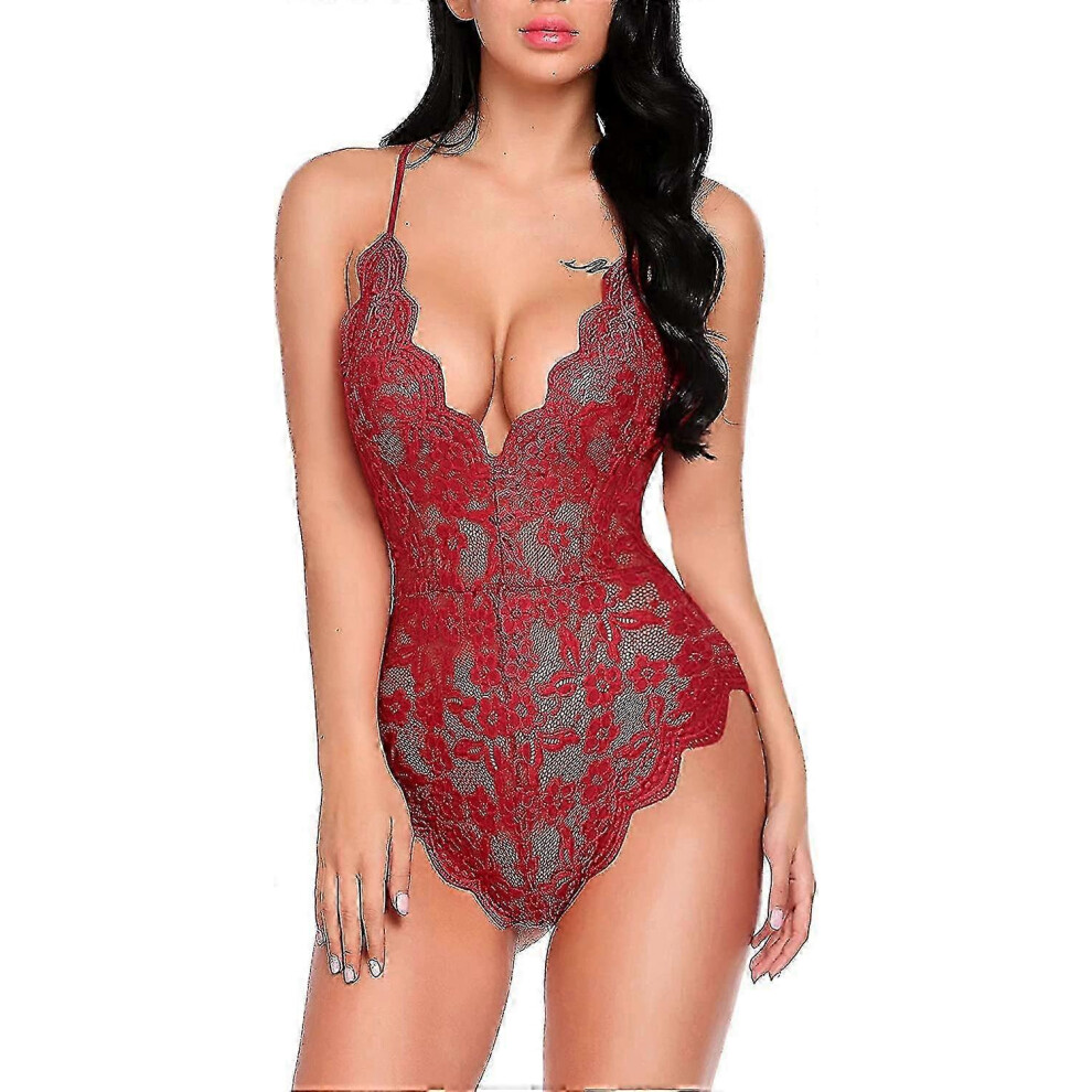 (Rouge foncé,XX-Large)Lingerie une pièce pour femmes - Body en dentelle sexy à V profond