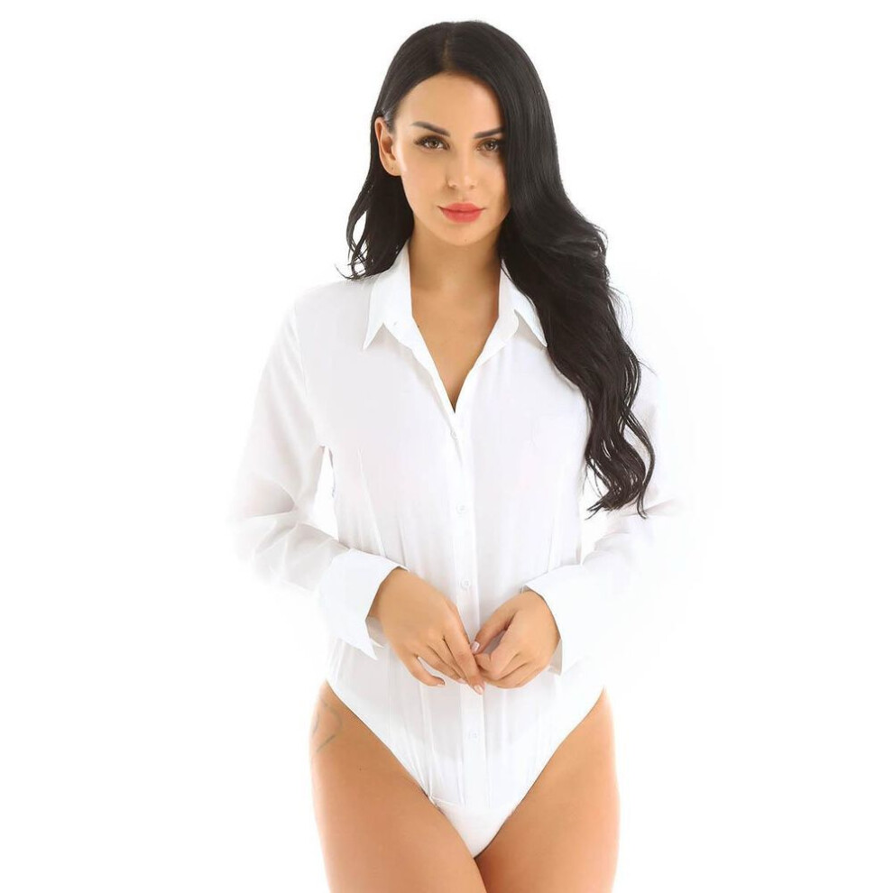 (white, S) Women Long Sleeve Button Down Shirts Bodysuit One Piece Easy Care Work Blouse Leotard Top