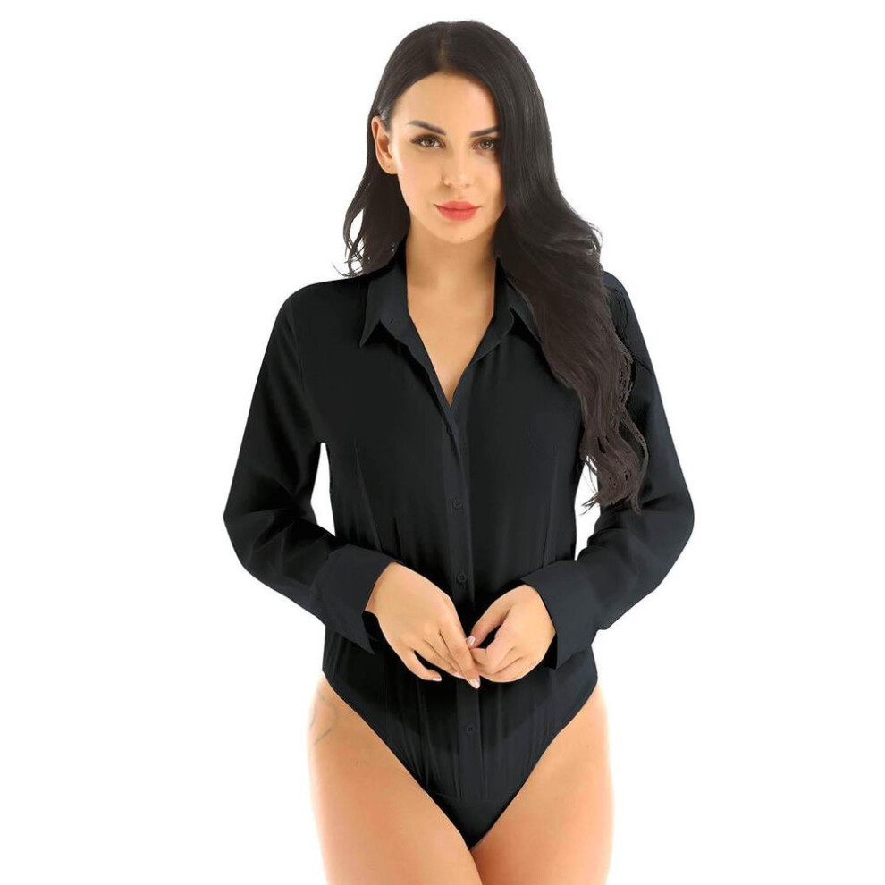 (black, L) Women Long Sleeve Button Down Shirts Bodysuit One Piece Easy Care Work Blouse Leotard Top