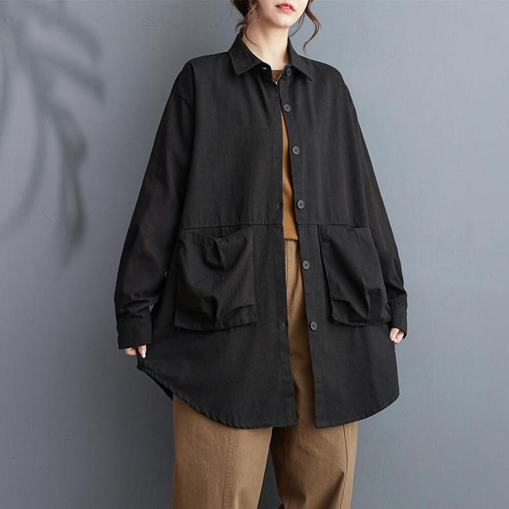 (One Size, black) DIMANAF 2024 Plus Size Women New Spring Blouse Basic Shirts Solid Casual Coat Button Oversize Fashion Long Sleeve Vintage Loose Tops