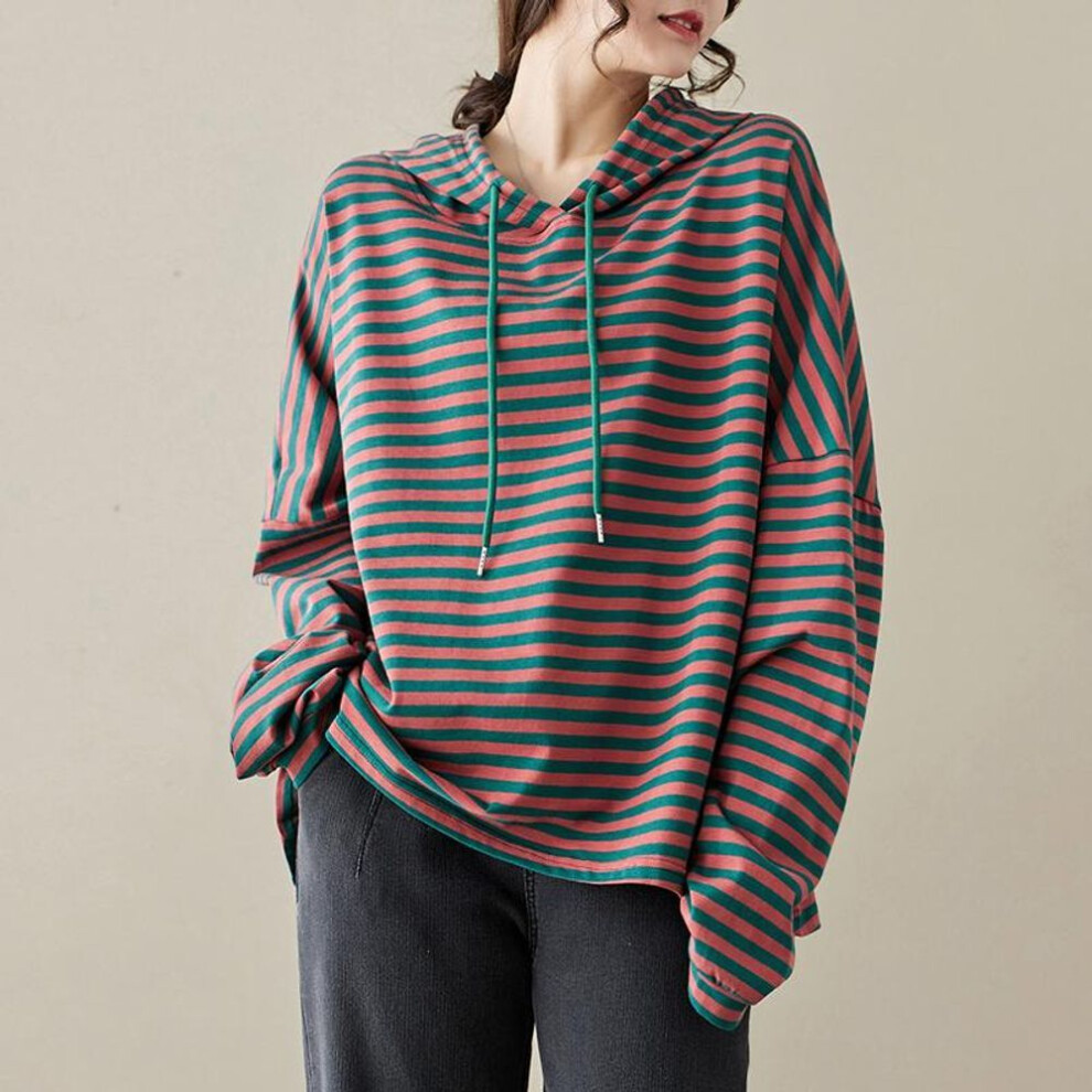 (red, L) DIMANAF 2024 Plus Size Summer Women T-Shirts Spring Long Sleeve Striped Shirts Hooded Design Casual Cotton Tops Tees Loose
