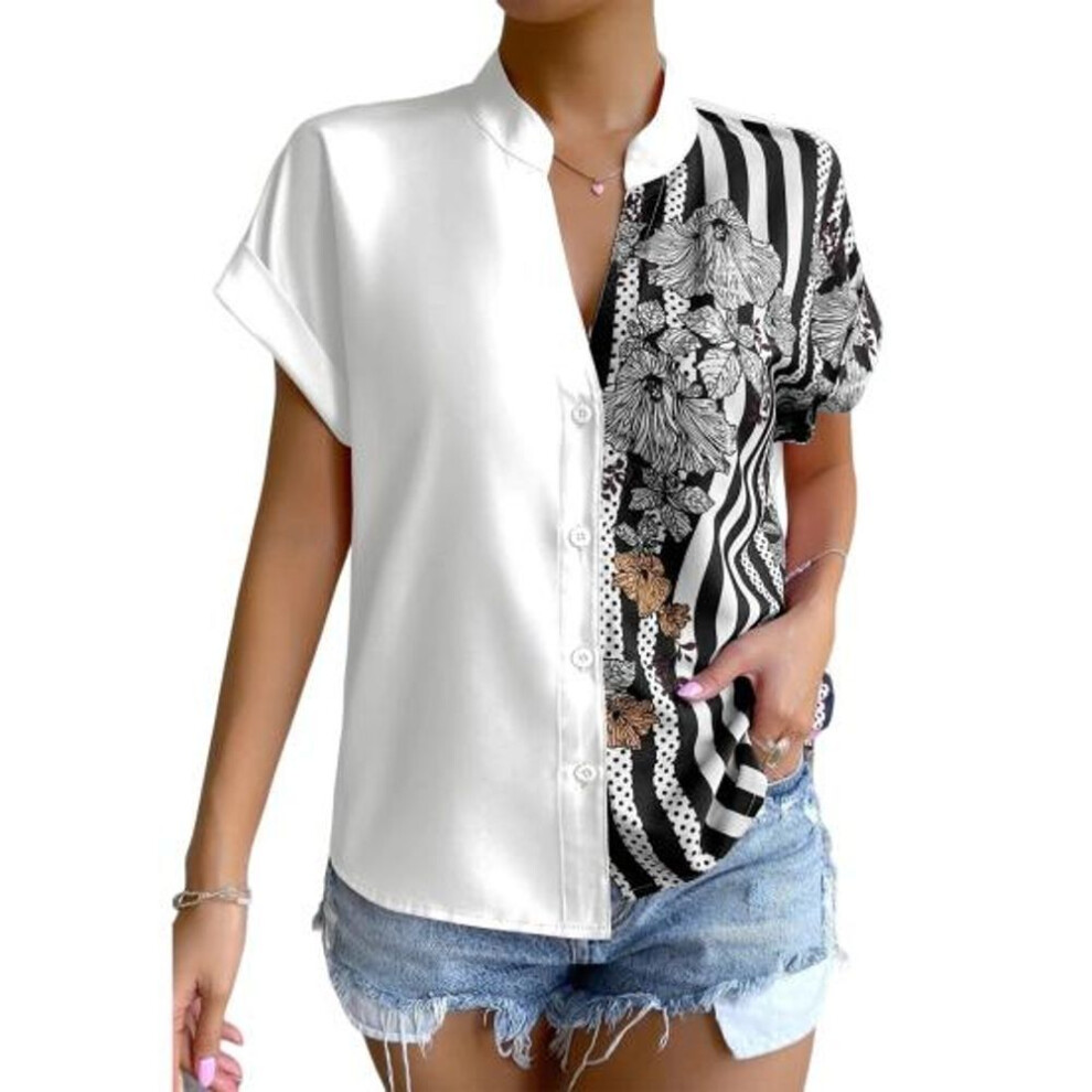 (white, 2XL) Summer Blouse Casual Women Clothing Buttons Contrast Color Lady Shirt Stylish Commute