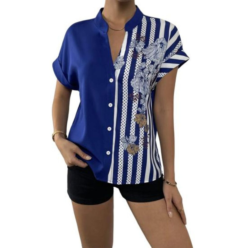 (blue, M) Summer Blouse Casual Women Clothing Buttons Contrast Color Lady Shirt Stylish Commute