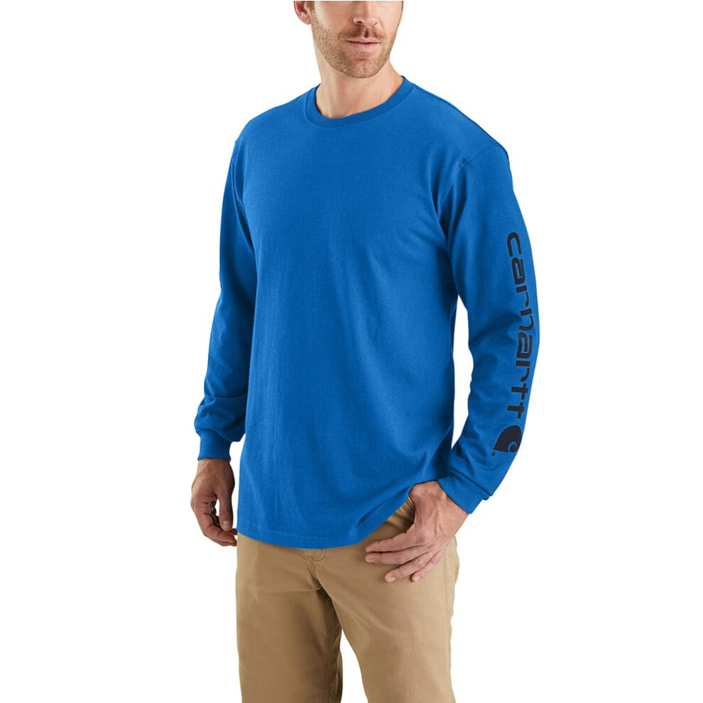 Carhartt Men's Loose Fit Heavyweight Long Logo Sleeve Graphic T-Shirt  Beacon Blue Heather