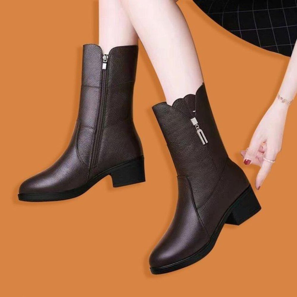 (dark brown, 35) Soft Leather Mid-tube Boots Thick-heeled Short Boots Autumn and Winter Mid-heeled Women&apos;s PU Leather Shoes