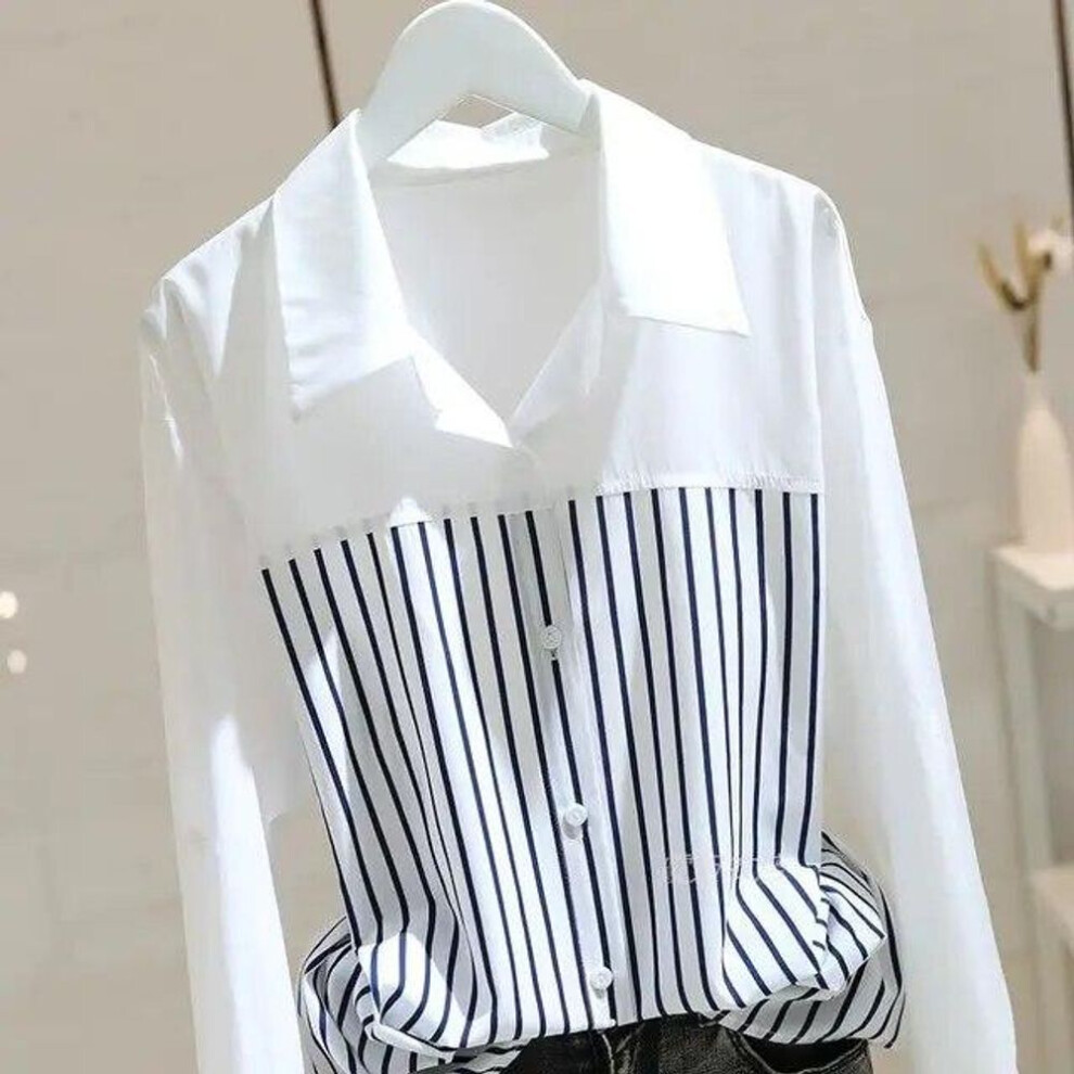 (white, L) Spring and Autumn Fashion Blouses Women&apos;s Stripe Splicing Design Feeling Small Blouse Loose Slim Casual Comfortable White Shirt