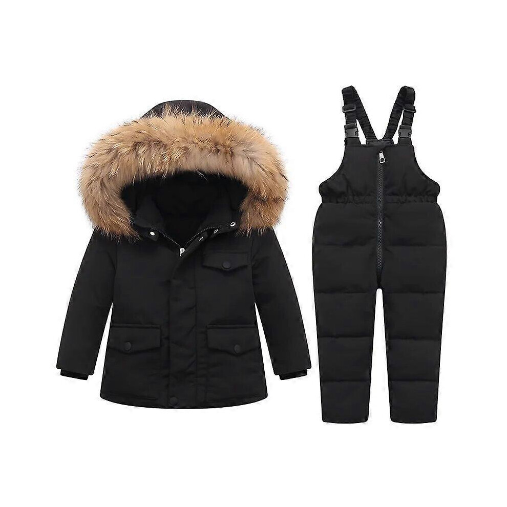 (3T,Black)Parka Fourrure Réelle Garçon Salopette Hiver Doudoune Manteau Chaud Enfant Snowsuit Snow toddler girl Clothes Clothing Set