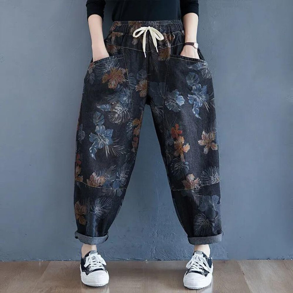 (black, M) High Waist Loose Floral Jeans Woman