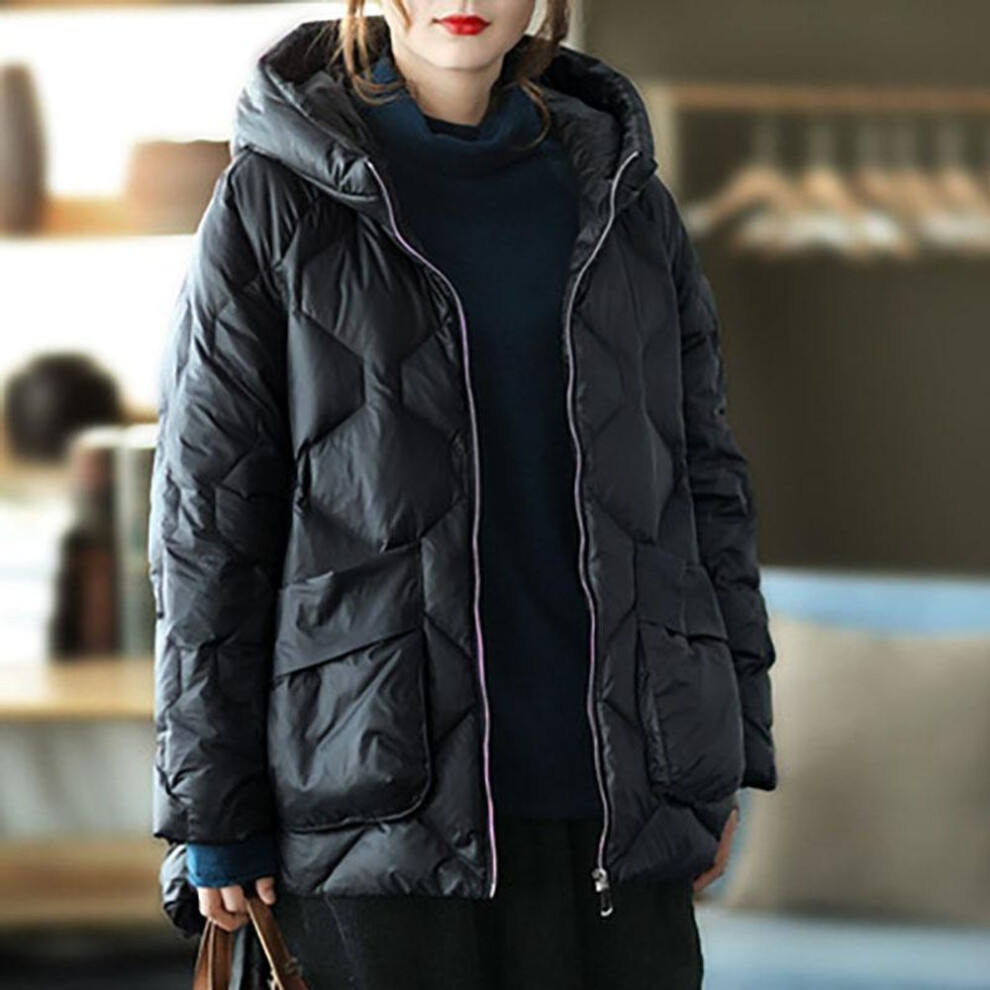 (black, S) Winter Hooded Down Jacket Women White Duck Down Jacket Casual Loose Outwear Hooded Puffer Coat Short Light Warm Parka