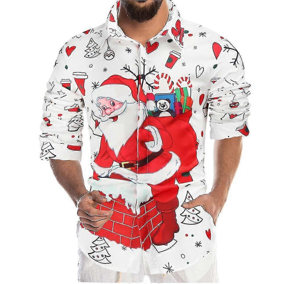 Christmas Shirt Men Xmas Santa Print Shirts Button Blouse Tops Plus Size