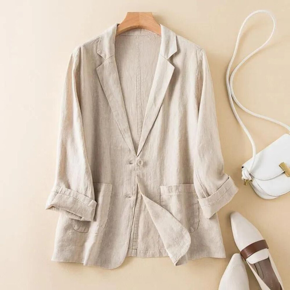 (beige, XL) Korean Version Of Summer Button Cotton Linen Suit Thin Cardigan Jacket Women Outwear