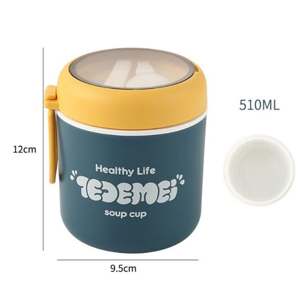 (blue) 510ml Stainless Steel Soup Cup Thermal Lunch Box Food Container With Spoon For School Children