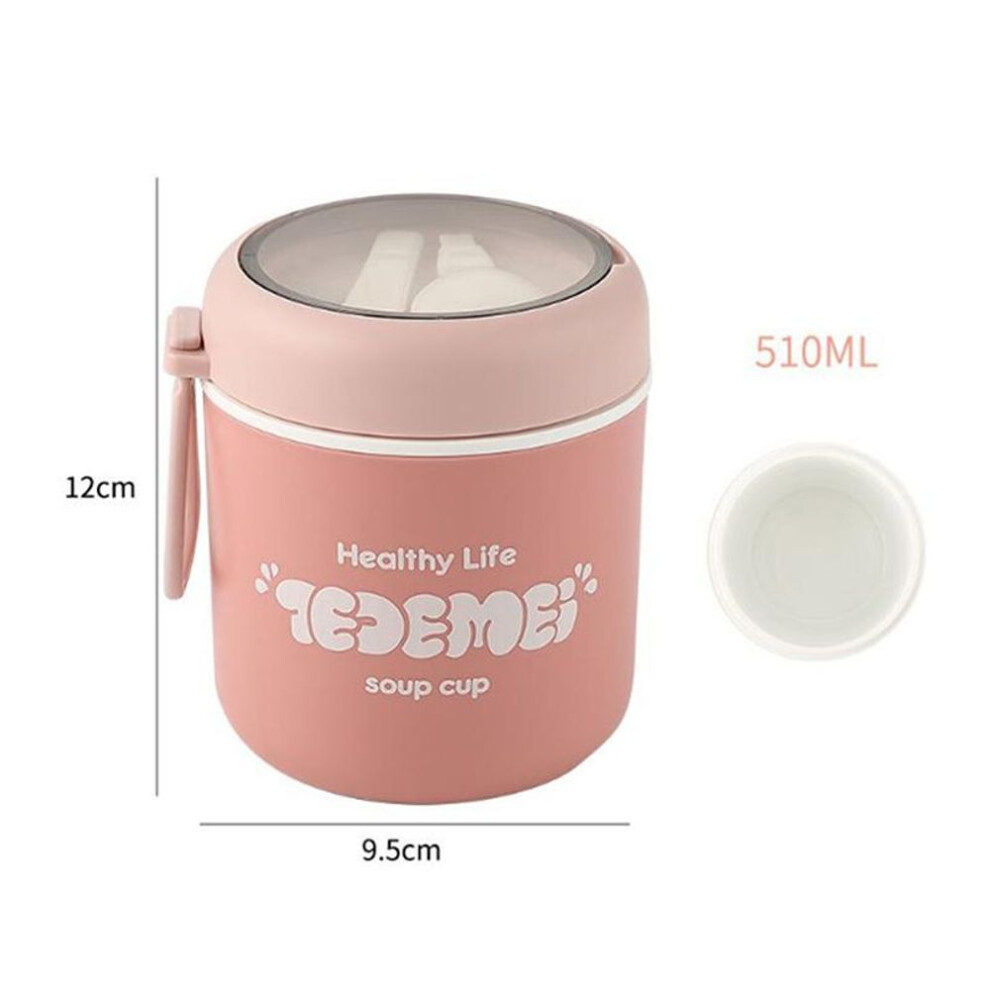 (pink) 510ml Stainless Steel Soup Cup Thermal Lunch Box Food Container With Spoon For School Children