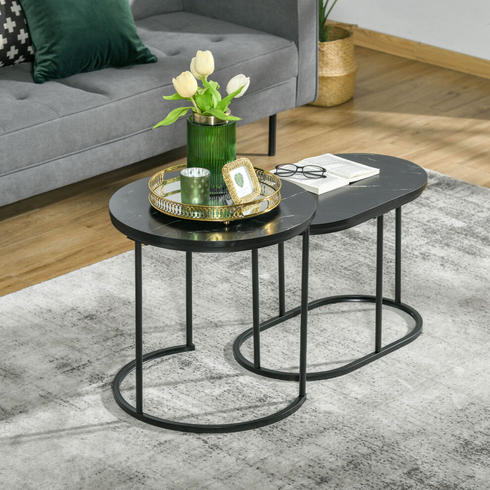 Homcom 2 Pcs Modern Coffee Table With Faux Marble Side Accent Tables Black Black,Brown