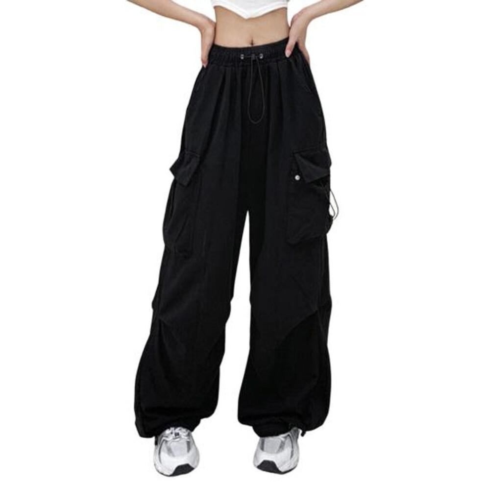 (black, 3XL) Women Cargo Pants Hip Hop Baggy Solid Color Multi Pockets Elastic Waist Match Top Loose Breathable Lady Trousers
