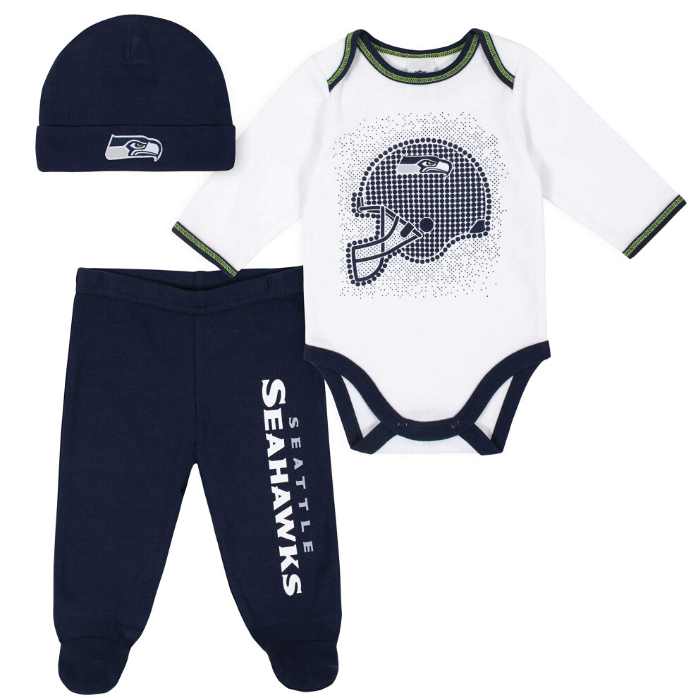 Gerber NFL Seattle Seahawks 3 Pack Bodysuit Footed Pant and Cap Registry Gift Set  Blue/White Seattle Seahawks  0-3M