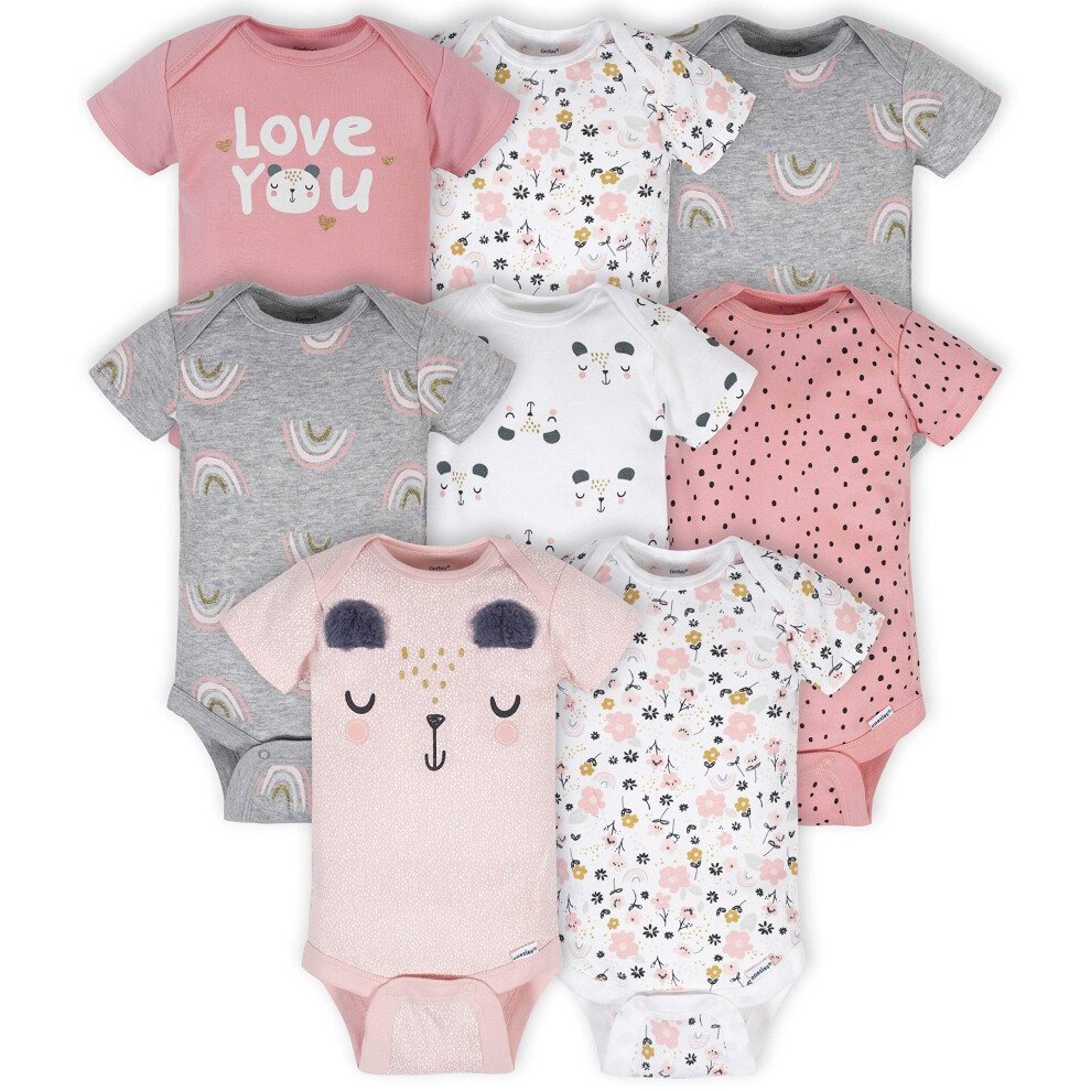Gerber Baby Girl's 8-Pack Short Sleeve Onesies Bodysuits  Bear Pink  6-9 Months