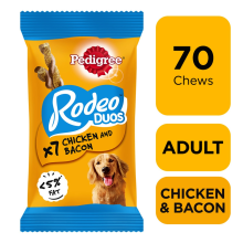 70 Pedigree Rodeo Duos Dog Treats Chicken & Bacon Dog Chews (10x123g)