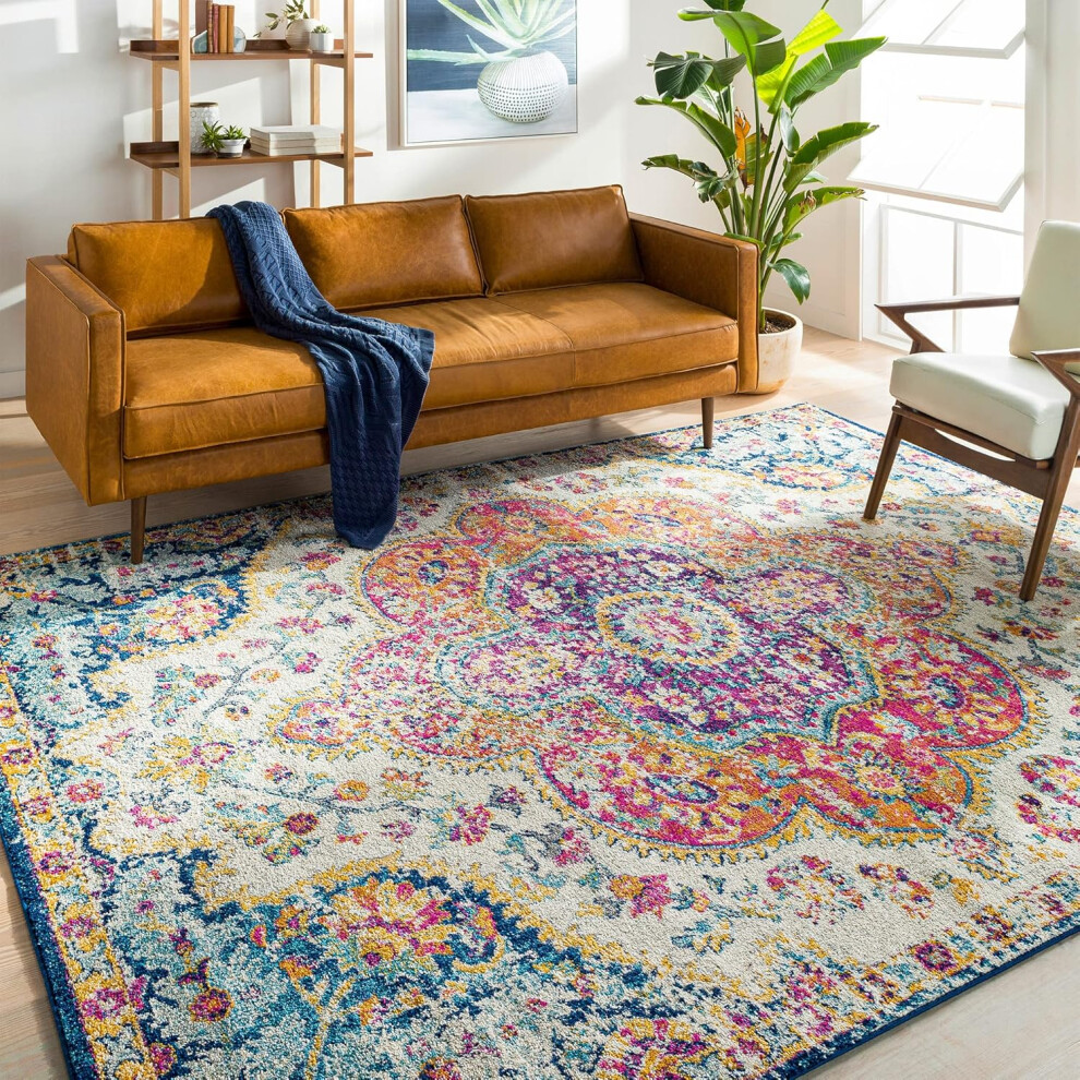 (120 x 170 cm (Rectangular), Orange, Fuchsia & Blue) Living room area rug 160x228 cm, dining room flooring, kitchen, traditional colorful bohemian rug, easy care pile