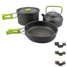 (Green, One size) Outdoor camping tableware 3 pcs outdoor camping climbing equipment teapot pot frying pan tableware
