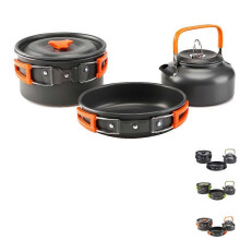(Orange, One size) Outdoor camping tableware 3 pcs outdoor camping climbing equipment teapot pot frying pan tableware