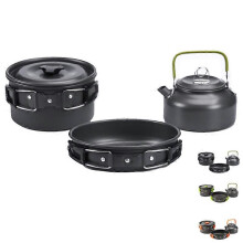(Black, One size) Outdoor camping tableware 3 pcs outdoor camping climbing equipment teapot pot frying pan tableware