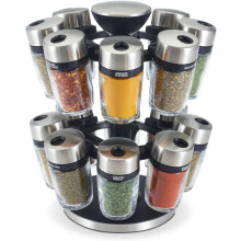 (16 Jar) 16 Jar Spice Carousel | Premium Rotating Spice Rack | Filled Glass Spice and Herb Jars with Labels | Kitchen Storage | Spice Organiser