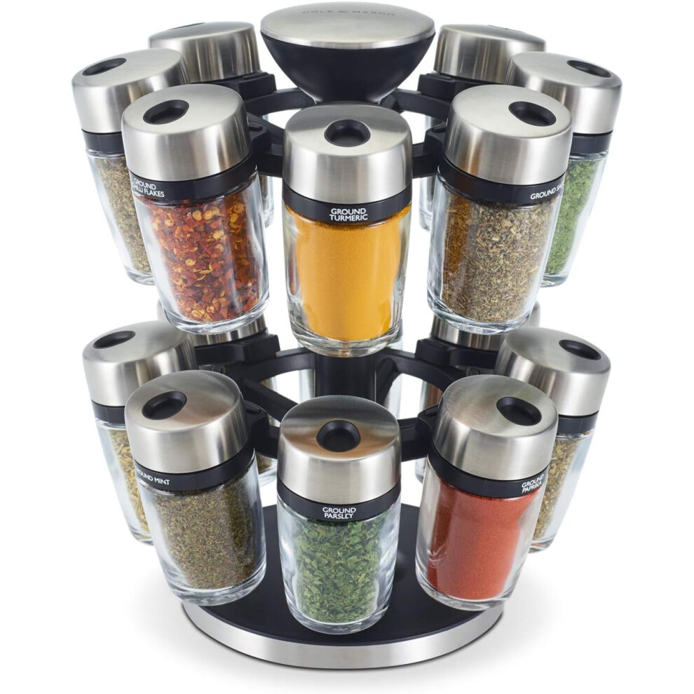 (16 Jar) 16 Jar Spice Carousel | Premium Rotating Spice Rack | Filled Glass Spice and Herb Jars with Labels | Kitchen Storage | Spice Organiser