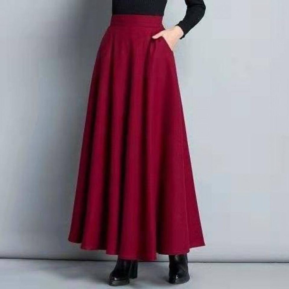 (red, L) Winter Women Long Woolen Skirt Fashion High Waist Basic Wool Skirts Female Casual Thick Warm Elastic Skirts