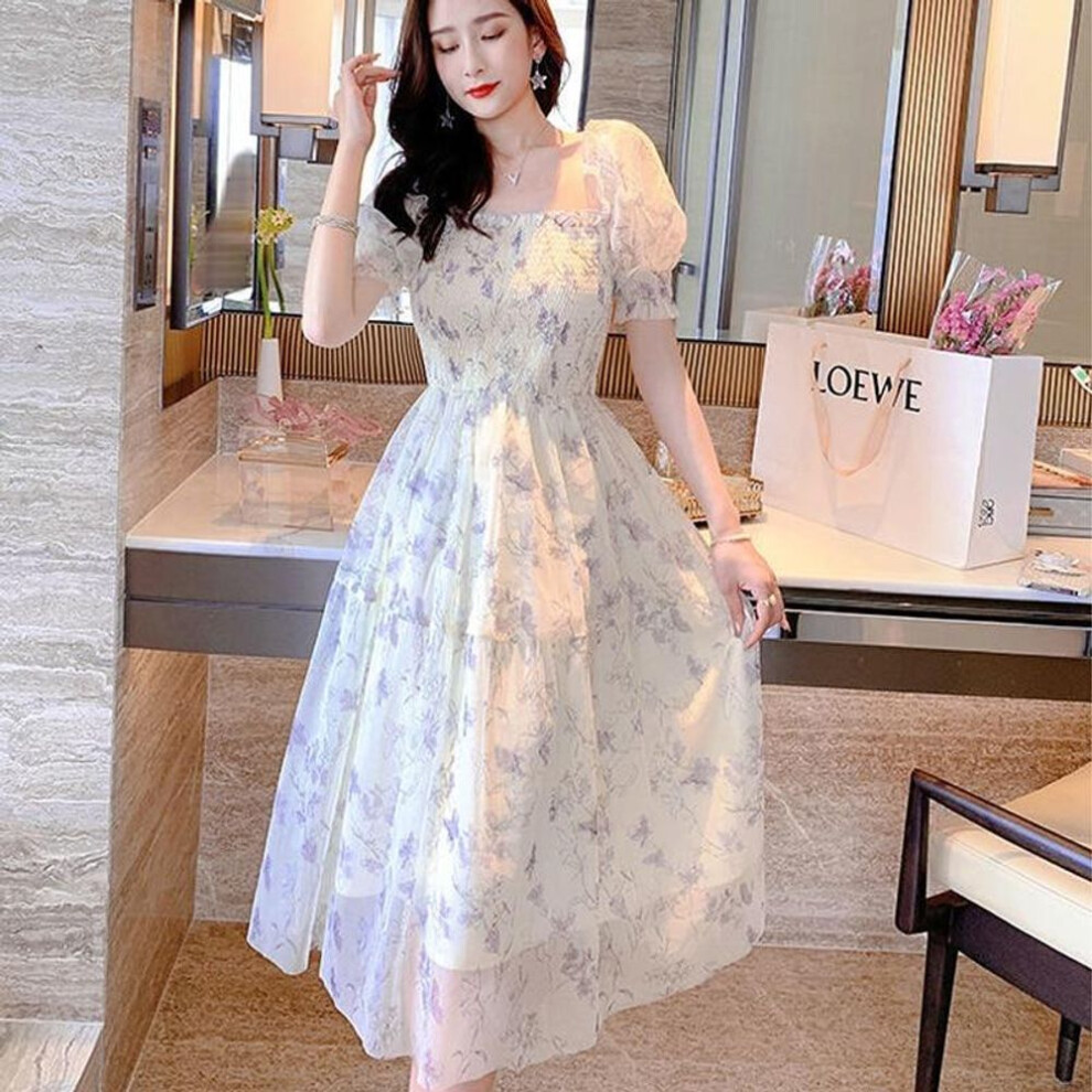 (white, XL) Casual Floral Party Dress Summer White Chiffon Long Dress Elegant Short Sleeve Fairy Dresses For Women Clothing Vestidos 20044