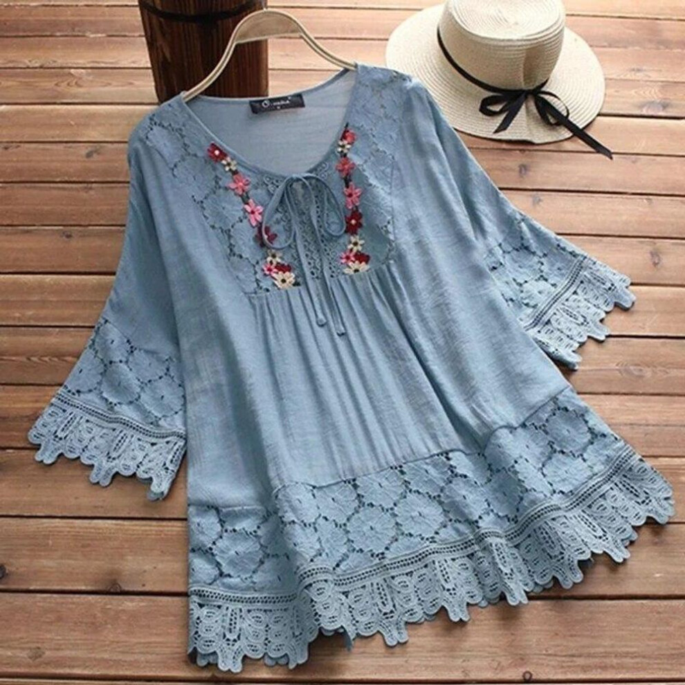 (blue, S) Summer Cotton Linen Stitching Lace Blouse Women 2024 V-neck Loose White Shirt Woman Hollow Out Vintage Flare Sleeve Tops 30659