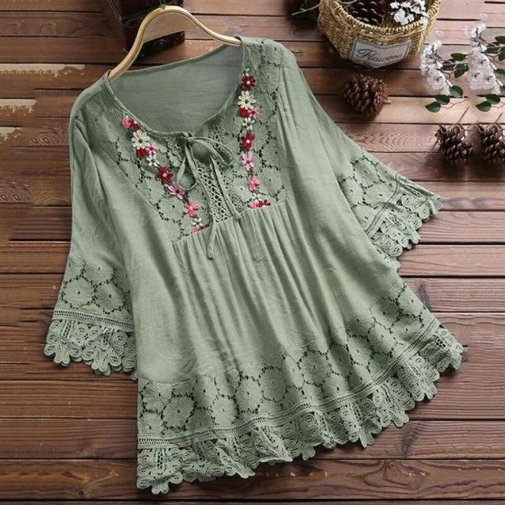 (green, XL) Summer Cotton Linen Stitching Lace Blouse Women 2024 V-neck Loose White Shirt Woman Hollow Out Vintage Flare Sleeve Tops 30659