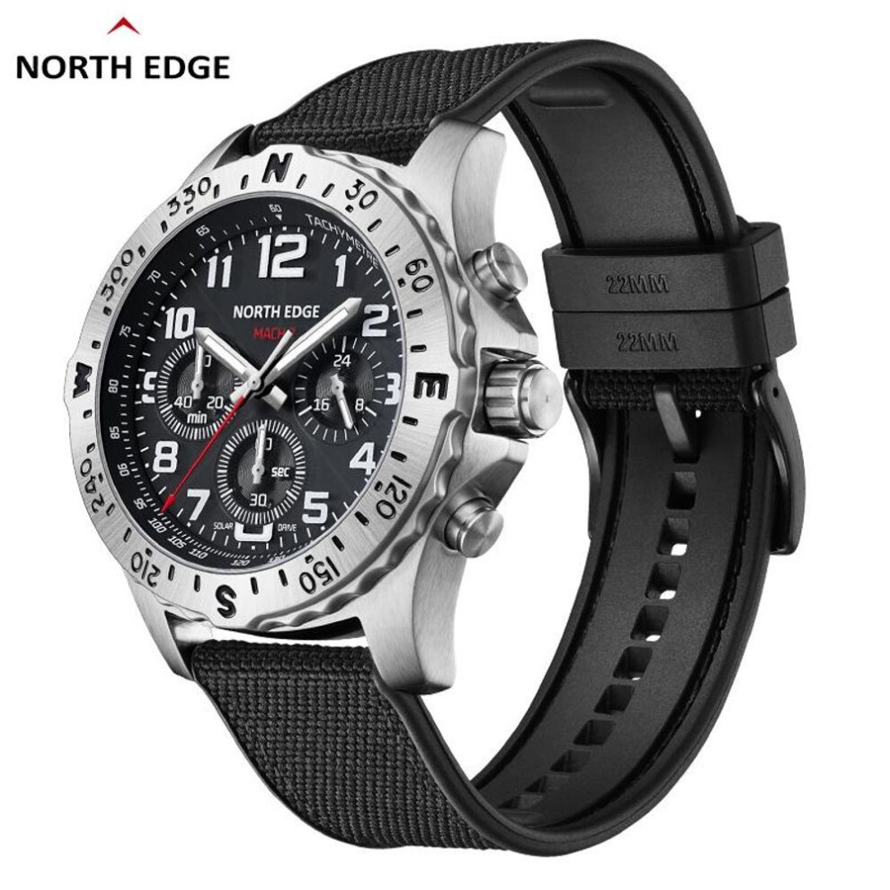 (black) North Edge 2024 Mach 2 Men&apos;s Watches Solar Power 316 Stainless Steel Case Quartz Watch For Men Pilot Waterproof 50m Stopwatch