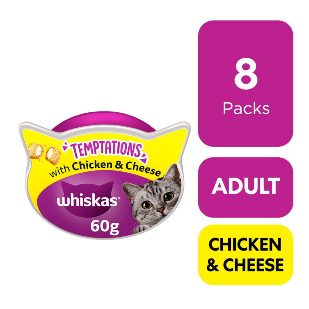8 x 60g Whiskas Temptations Cat Treats Chicken & Cheese Cat Biscuits (480g)